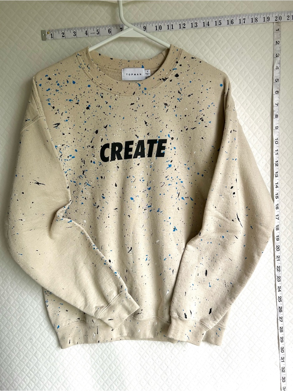 Topman Beige 'CREATE' Crewneck Sweatshirt with Black and Blue Splatter
